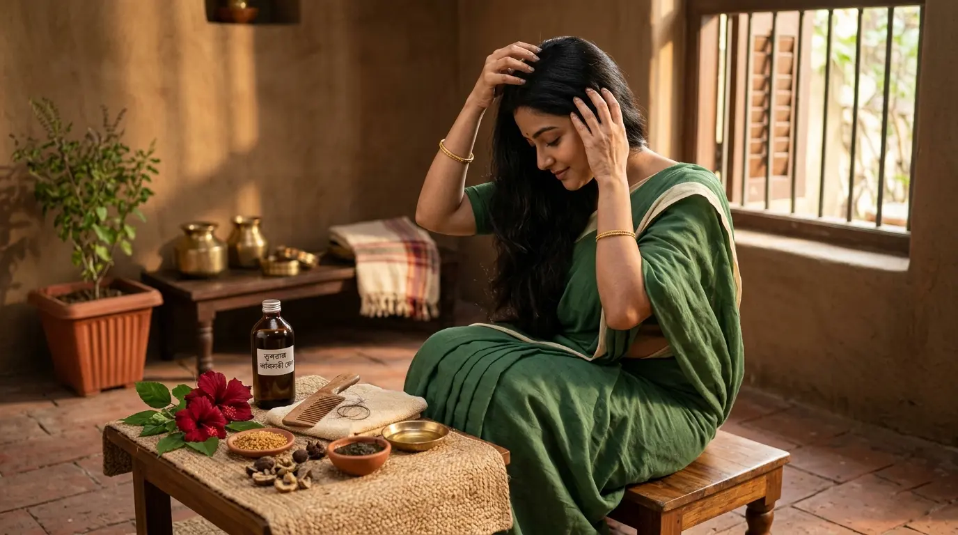 কাঁচের বোতলে ভেষজ চুলের তেল ও আমলকী, আয়ুর্বেদিক চুলের যত্ন