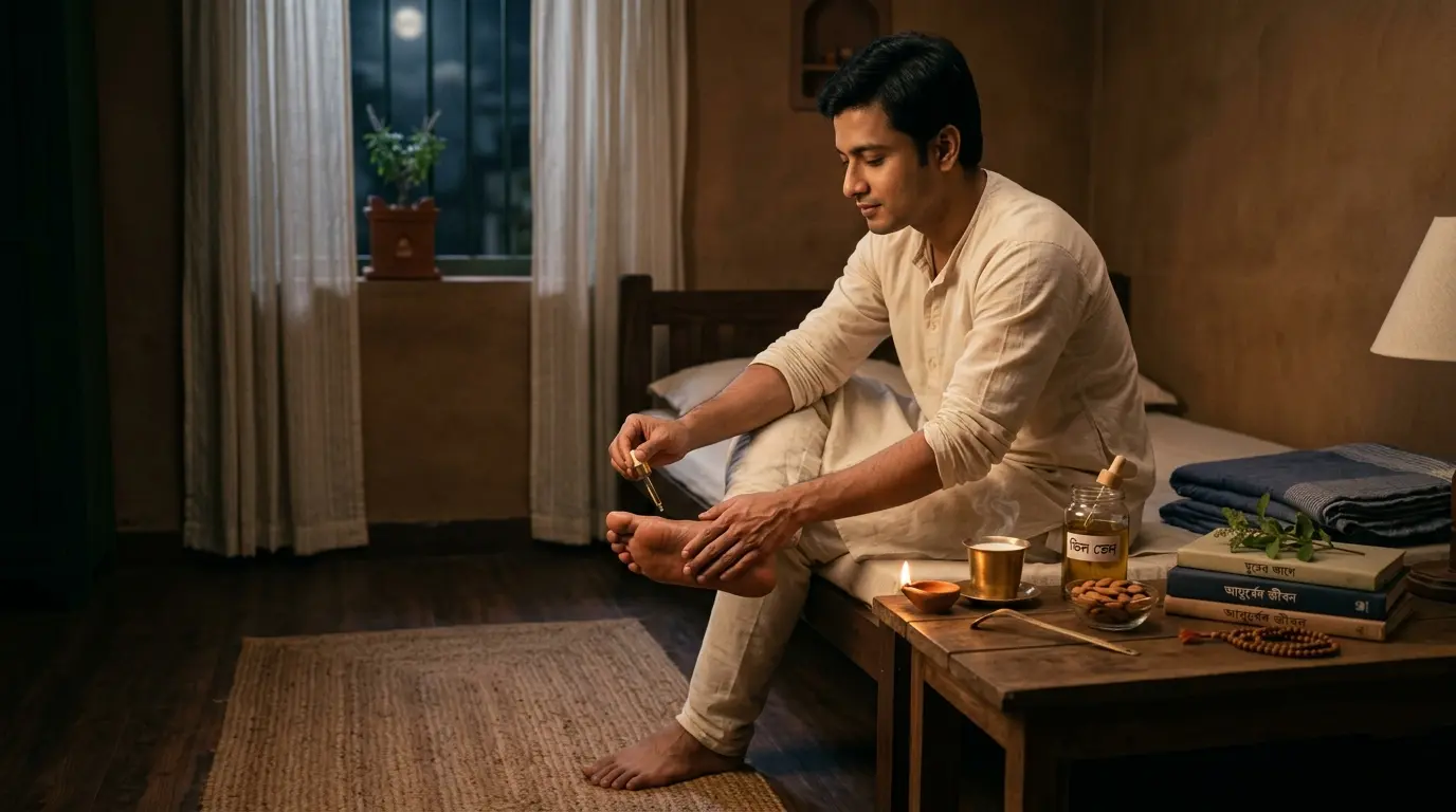 রাতে বিছানার পাশে প্রদীপ ও ভেষজ চা, আয়ুর্বেদিক রাত্রিচর্যা