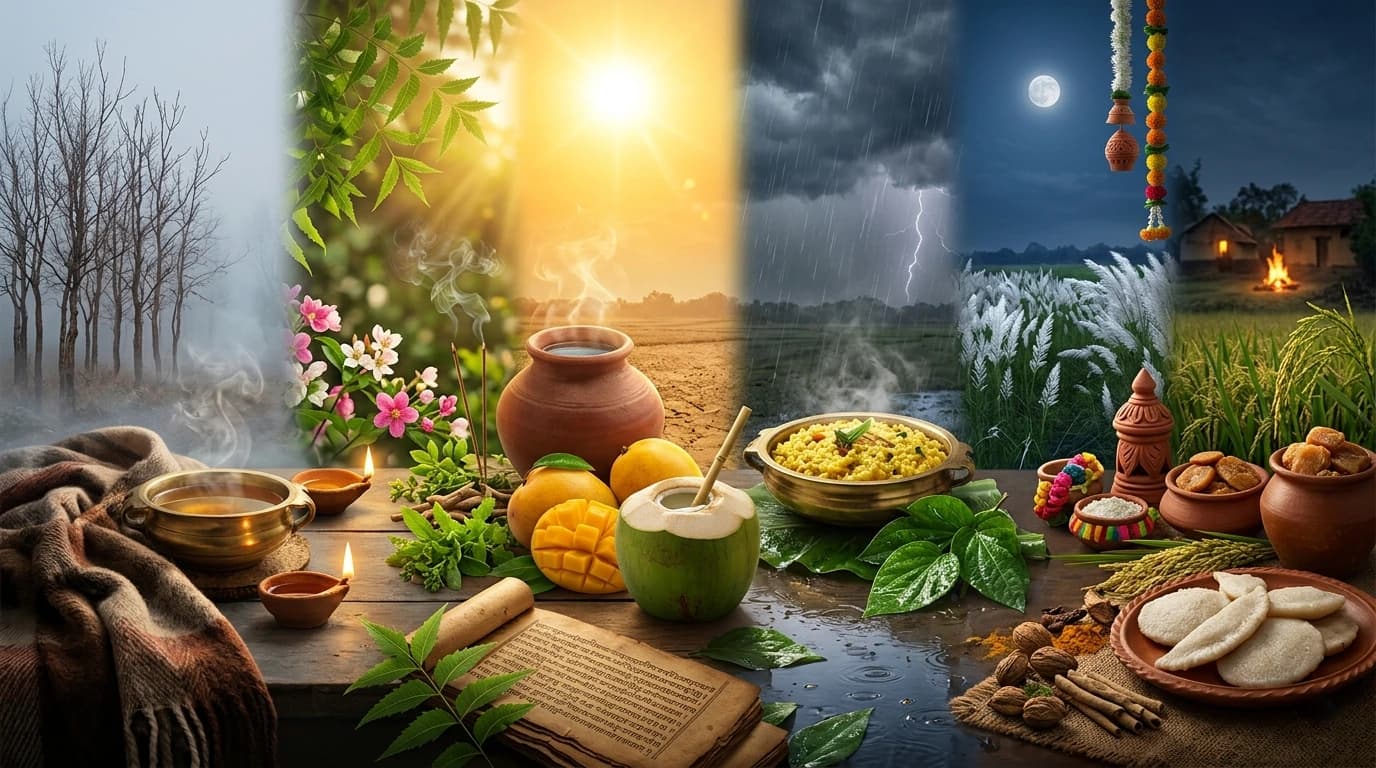 বছরের ছয় ঋতুর প্রতীকী চিত্র, আয়ুর্বেদিক ঋতুচর্যা