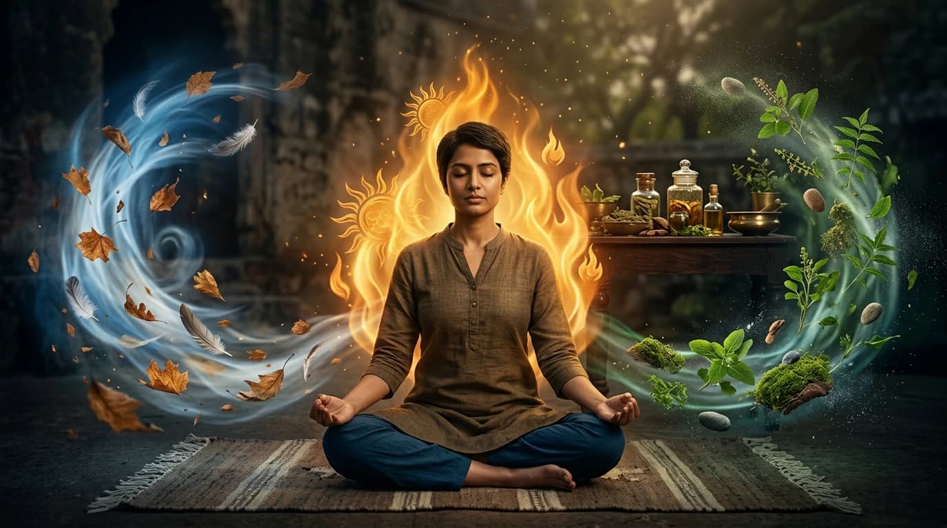 তিনটি কাঁচের জারে আয়ুর্বেদিক ভেষজ ও তেল, বাত পিত্ত কফের প্রতীকী চিত্র