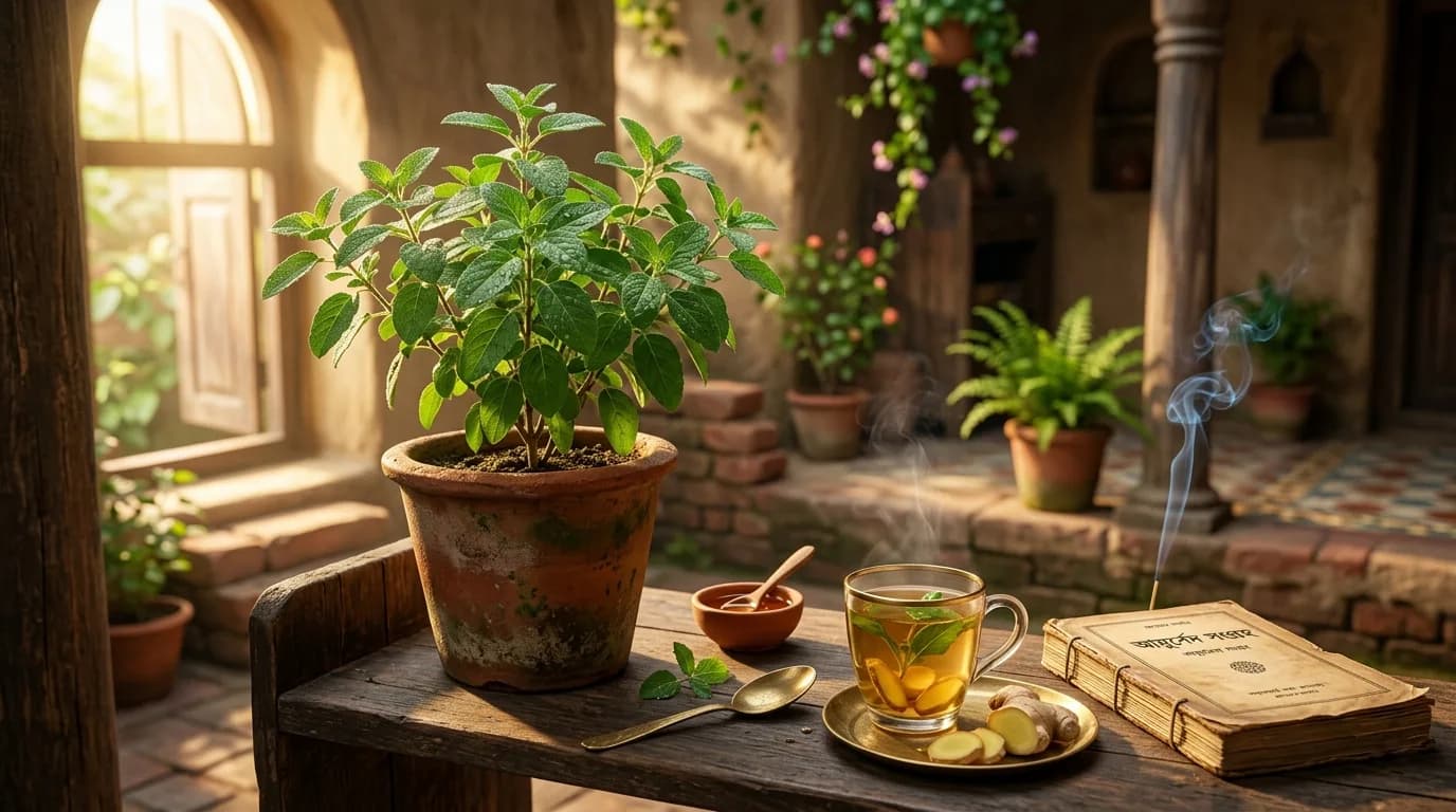 তুলসী গাছের সবুজ পাতা, আয়ুর্বেদিক ভেষজ